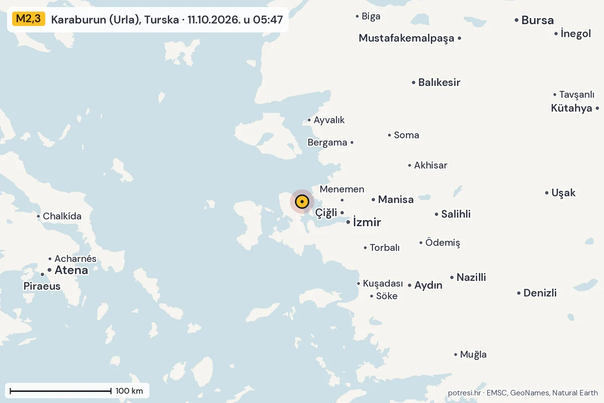 Karta: šire područje, 600 km, potres M2,3, Karaburun (Urla), Turska, 11.10.2026.