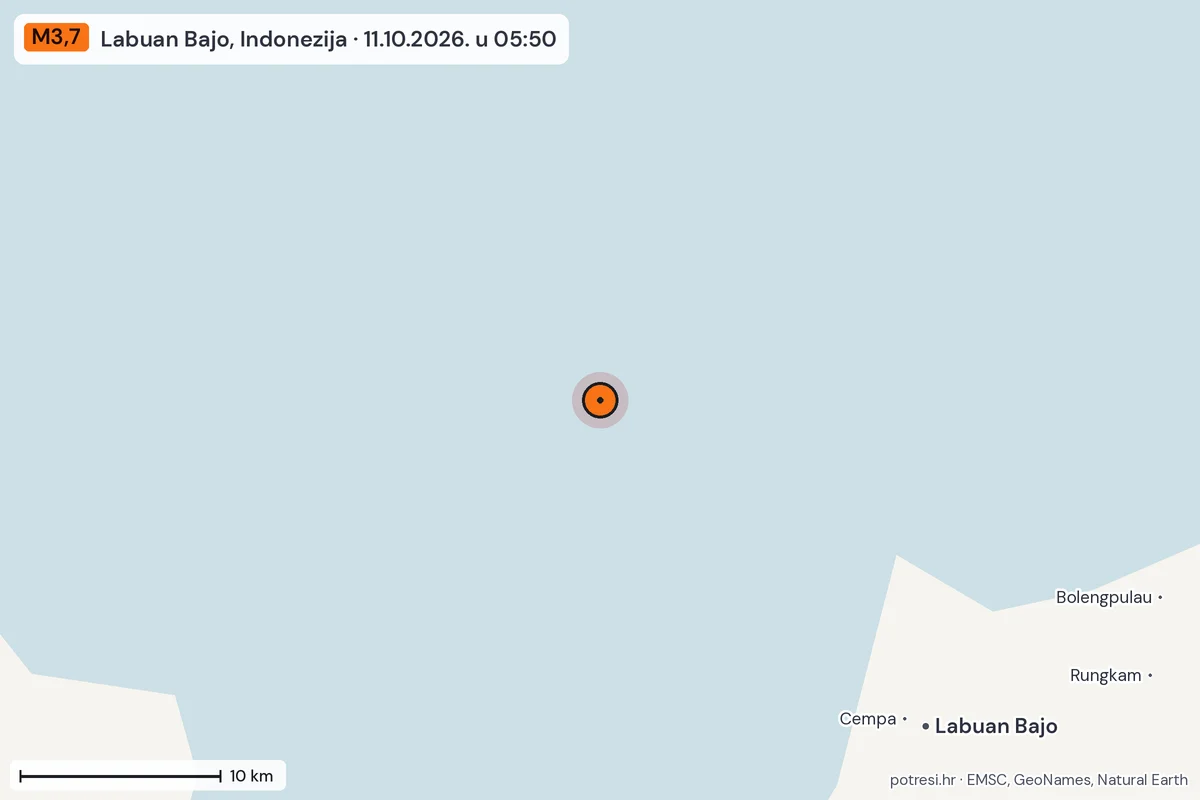 Karta: okolica epicentra, 60 km, potres M3,7, Labuan Bajo, Indonezija, 11.10.2026.