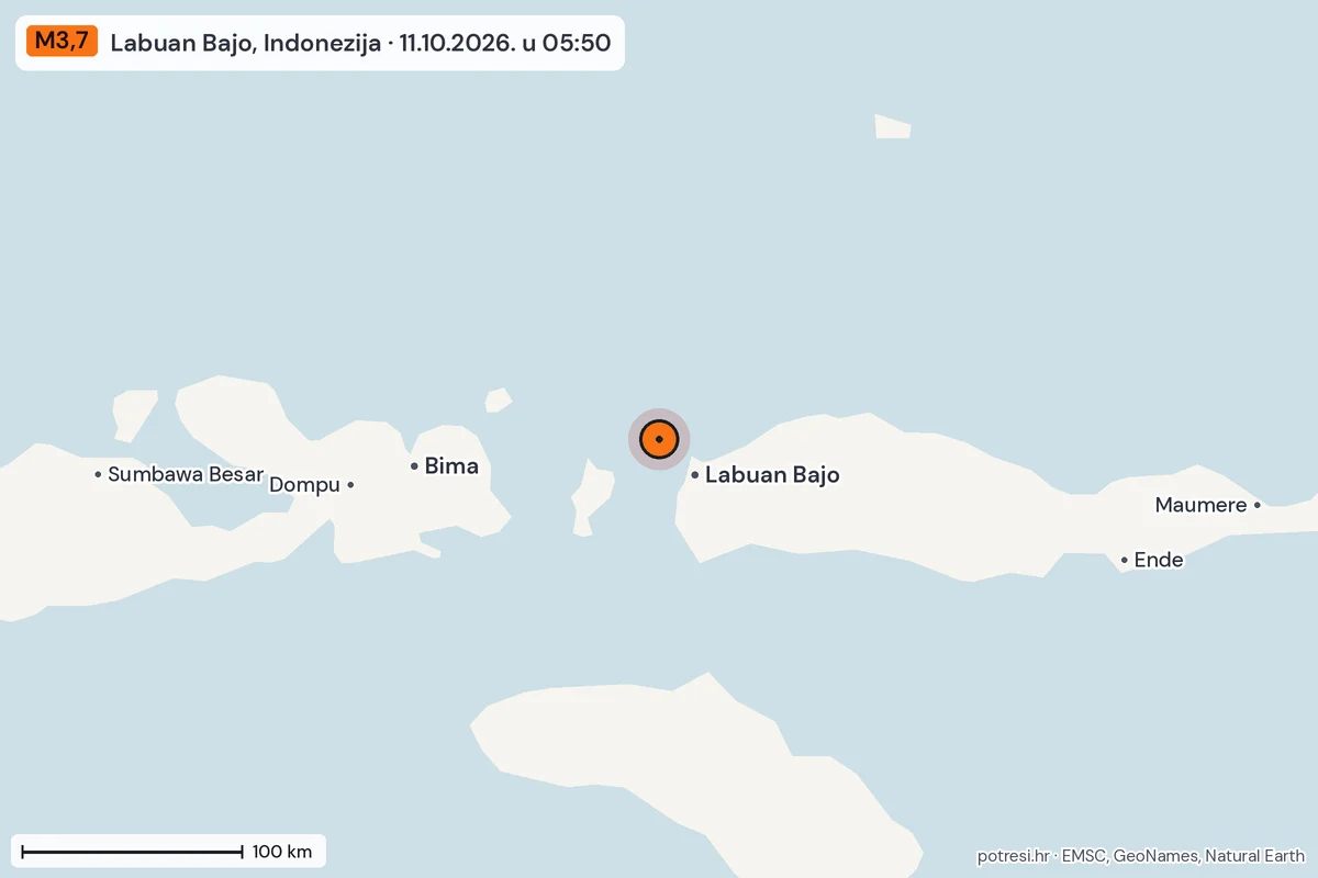 Karta: šire područje, 600 km, potres M3,7, Labuan Bajo, Indonezija, 11.10.2026.