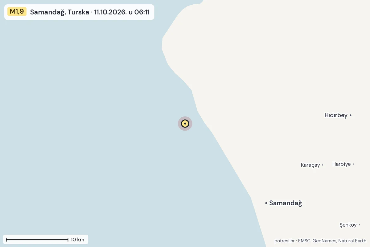 Karta: okolica epicentra, 60 km, potres M1,9, Samandağ, Turska, 11.10.2026.