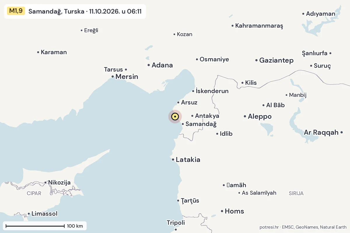 Karta: šire područje, 600 km, potres M1,9, Samandağ, Turska, 11.10.2026.