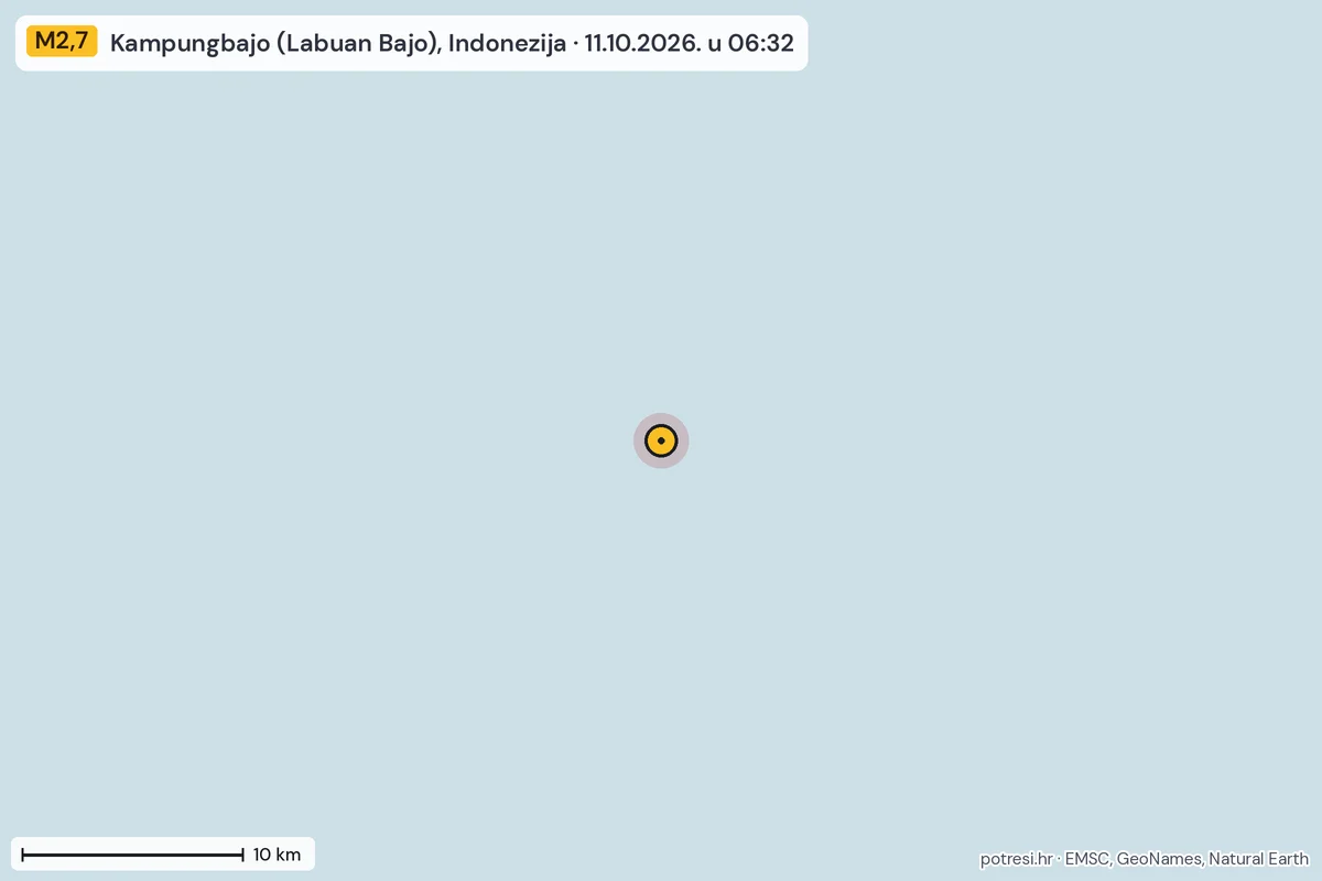 Karta: okolica epicentra, 60 km, potres M2,7, Kampungbajo (Labuan Bajo), Indonezija, 11.10.2026.