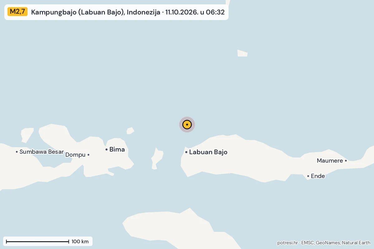 Karta: šire područje, 600 km, potres M2,7, Kampungbajo (Labuan Bajo), Indonezija, 11.10.2026.