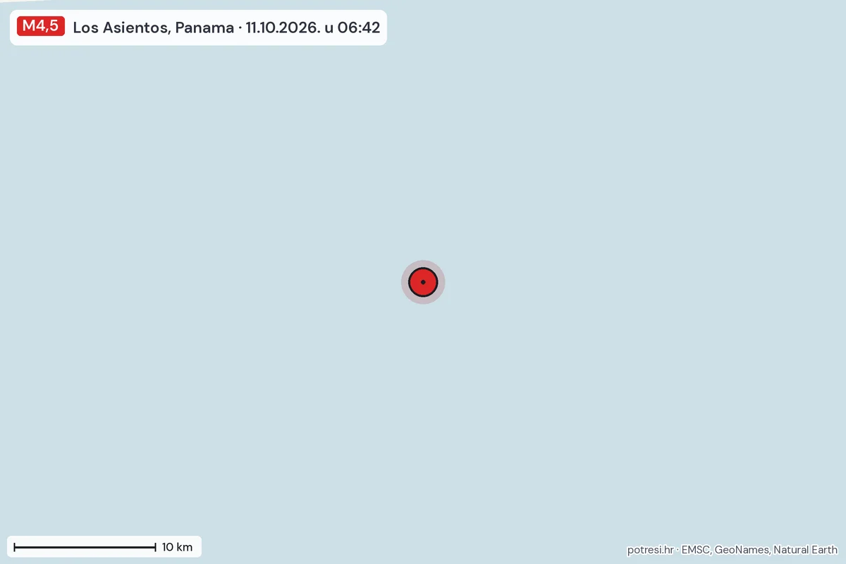 Karta: okolica epicentra, 60 km, potres M4,5, Los Asientos, Panama, 11.10.2026.