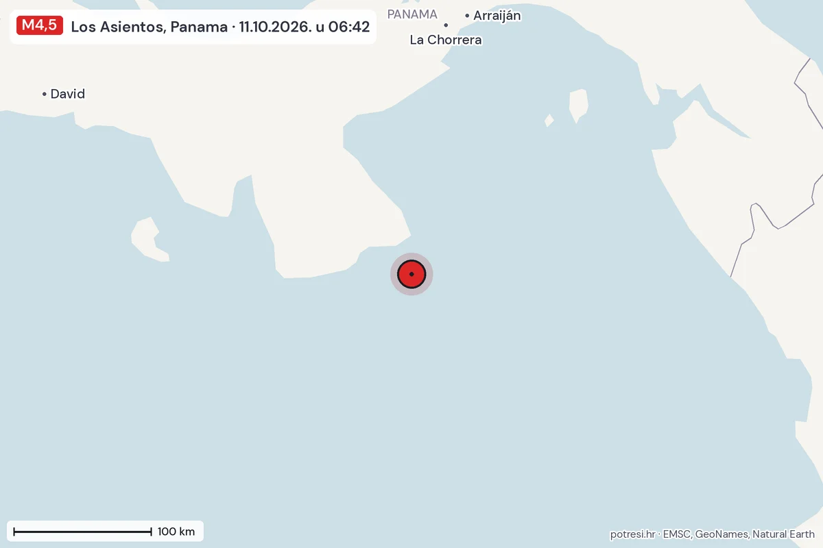 Karta: šire područje, 600 km, potres M4,5, Los Asientos, Panama, 11.10.2026.