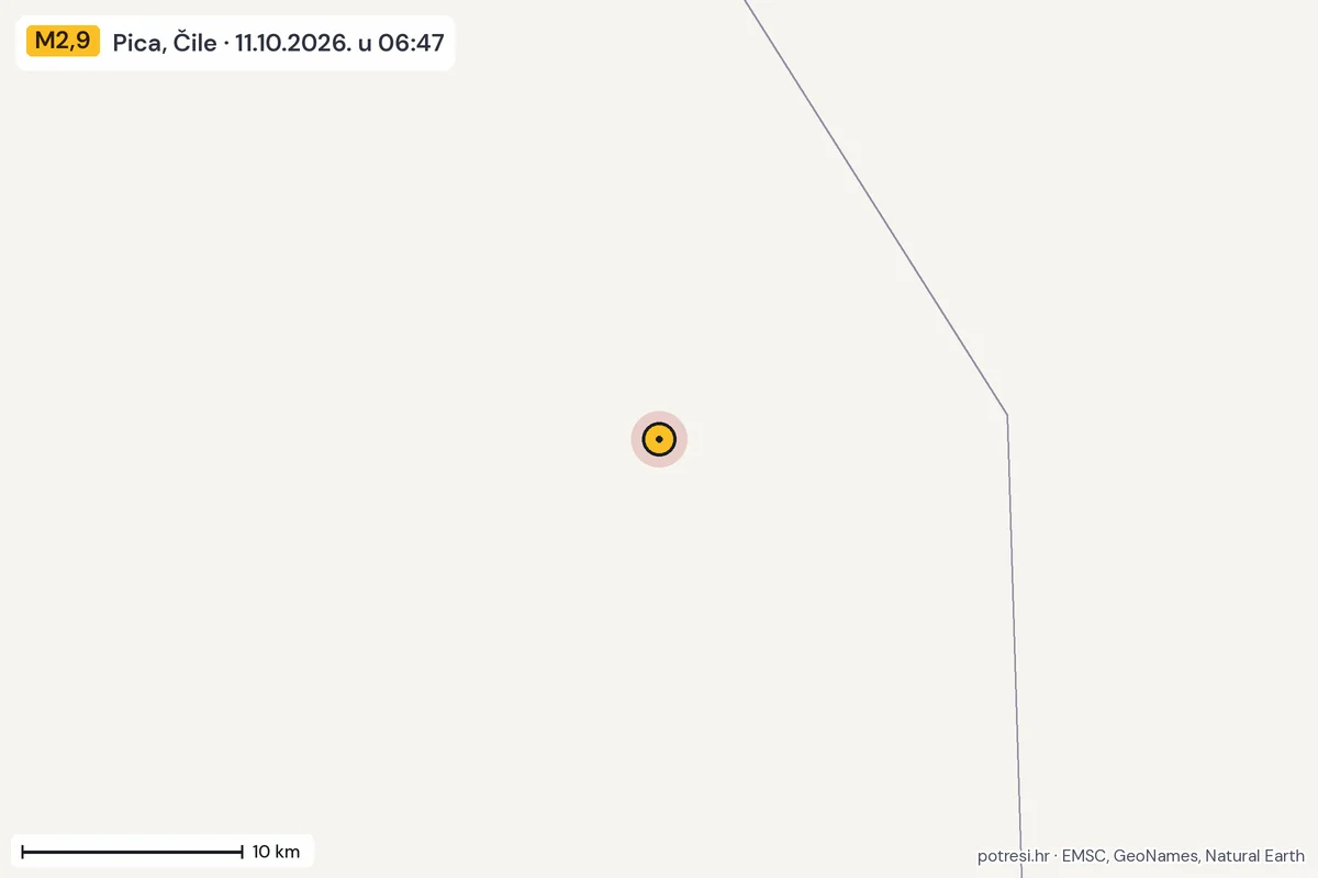 Karta: okolica epicentra, 60 km, potres M2,9, Pica, Čile, 11.10.2026.