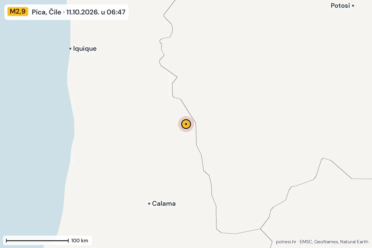Karta: šire područje, 600 km, potres M2,9, Pica, Čile, 11.10.2026.