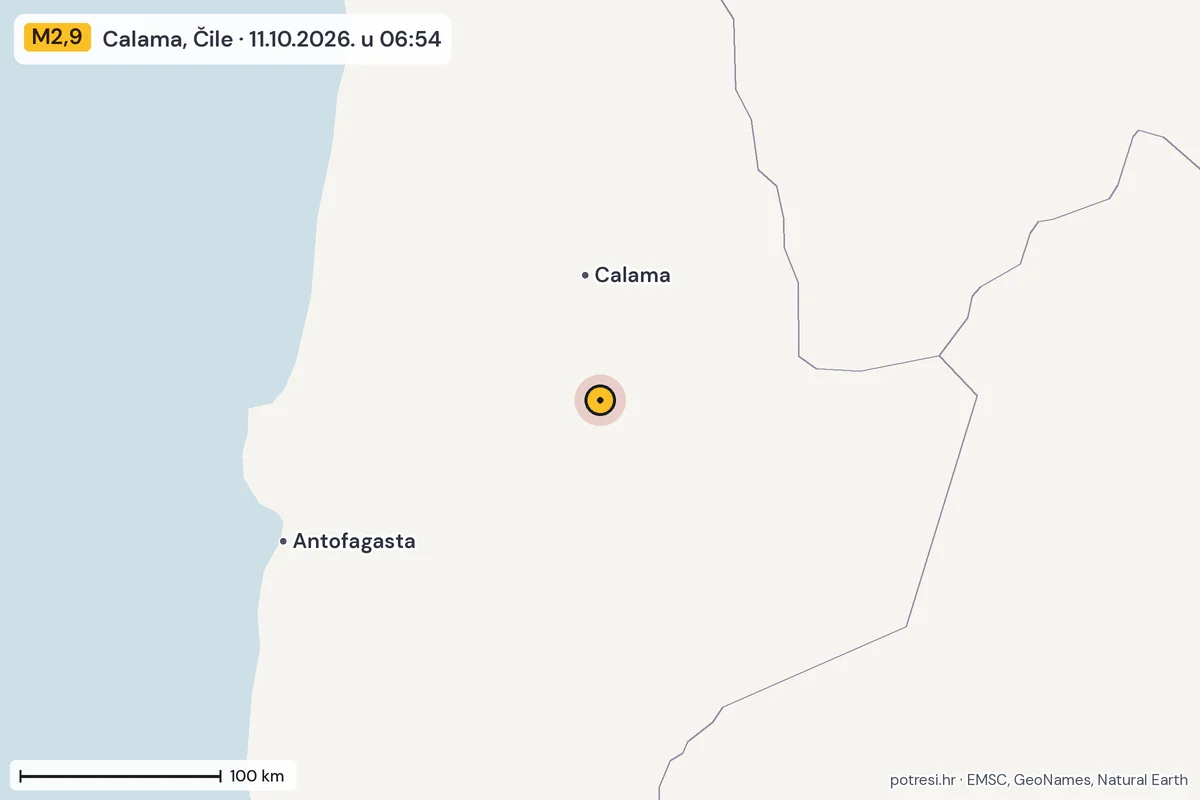 Karta: šire područje, 600 km, potres M2,9, Calama, Čile, 11.10.2026.