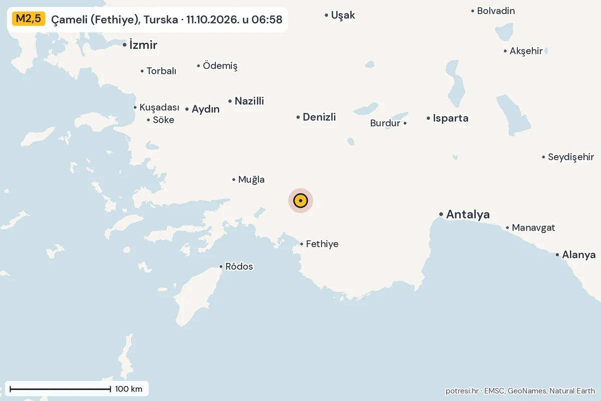 Karta: šire područje, 600 km, potres M2,5, Çameli (Fethiye), Turska, 11.10.2026.