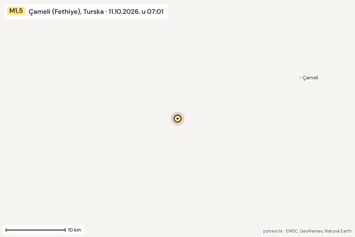 Karta: okolica epicentra, 60 km, potres M1,5, Çameli (Fethiye), Turska, 11.10.2026.
