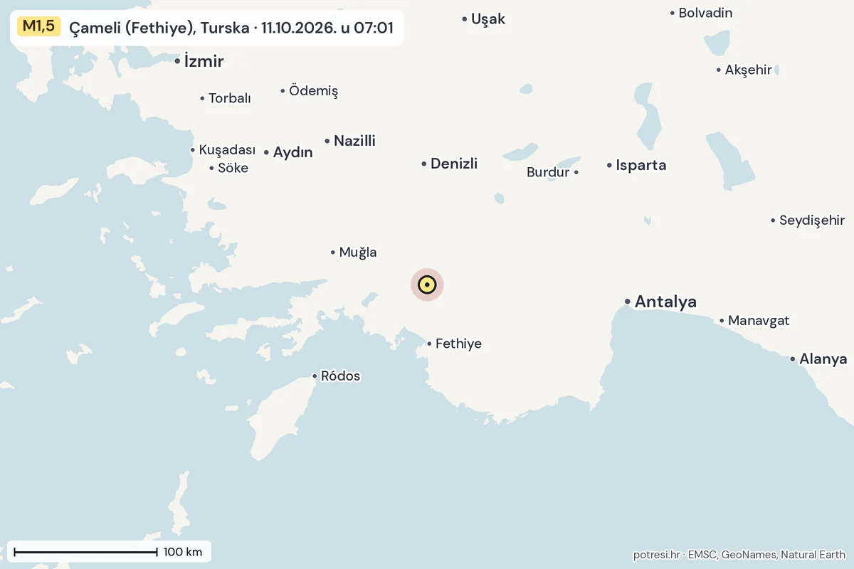 Karta: šire područje, 600 km, potres M1,5, Çameli (Fethiye), Turska, 11.10.2026.