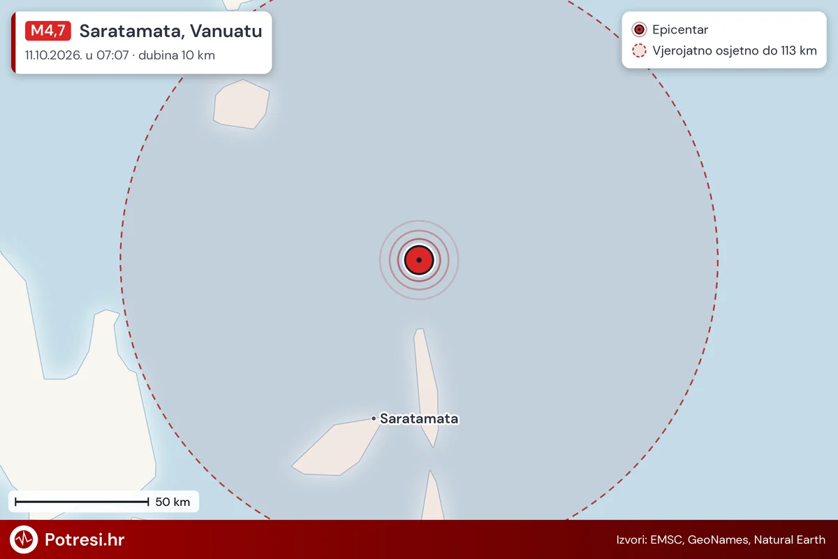 Karta: šire područje i vjerojatni doseg osjeta, potres M4,7, Saratamata, Vanuatu, 11.10.2026.
