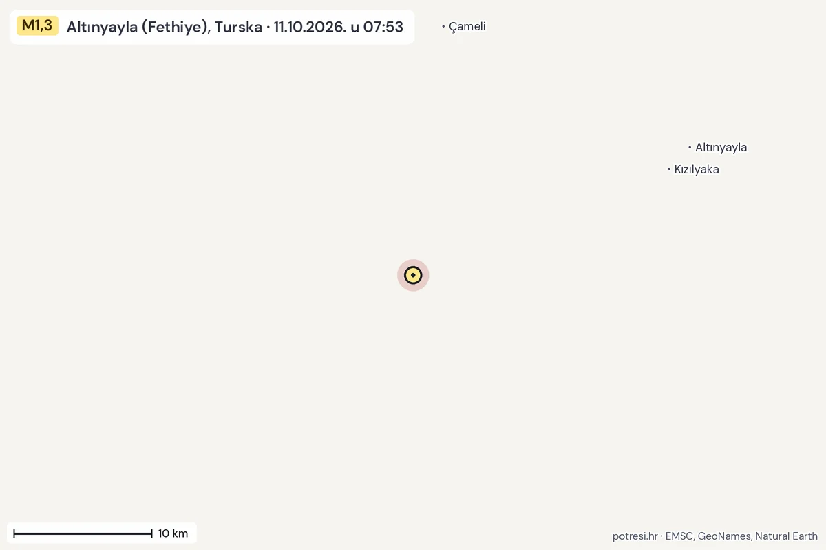 Karta: okolica epicentra, 60 km, potres M1,3, Altınyayla (Fethiye), Turska, 11.10.2026.