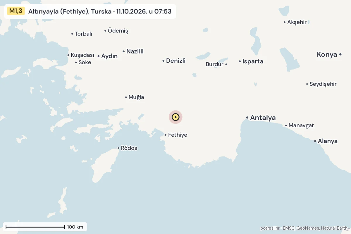 Karta: šire područje, 600 km, potres M1,3, Altınyayla (Fethiye), Turska, 11.10.2026.