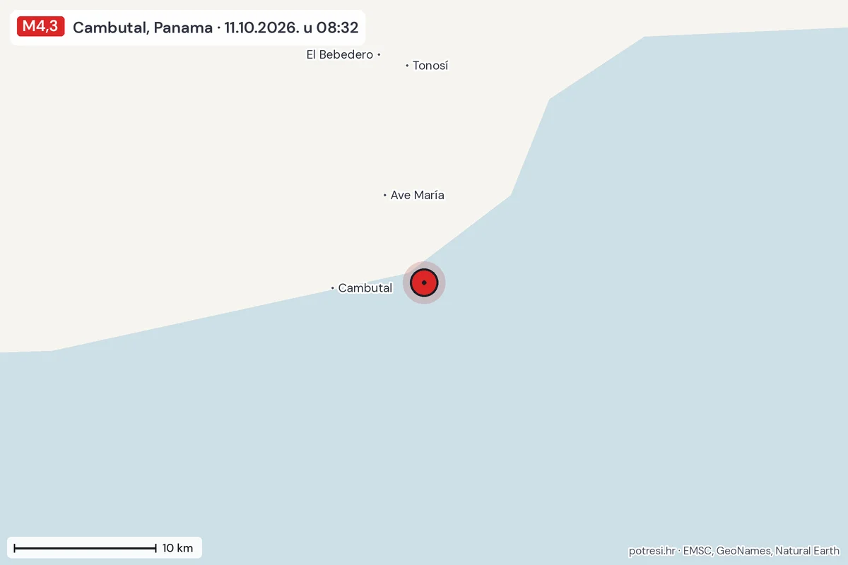 Karta: okolica epicentra, 60 km, potres M4,3, Cambutal, Panama, 11.10.2026.