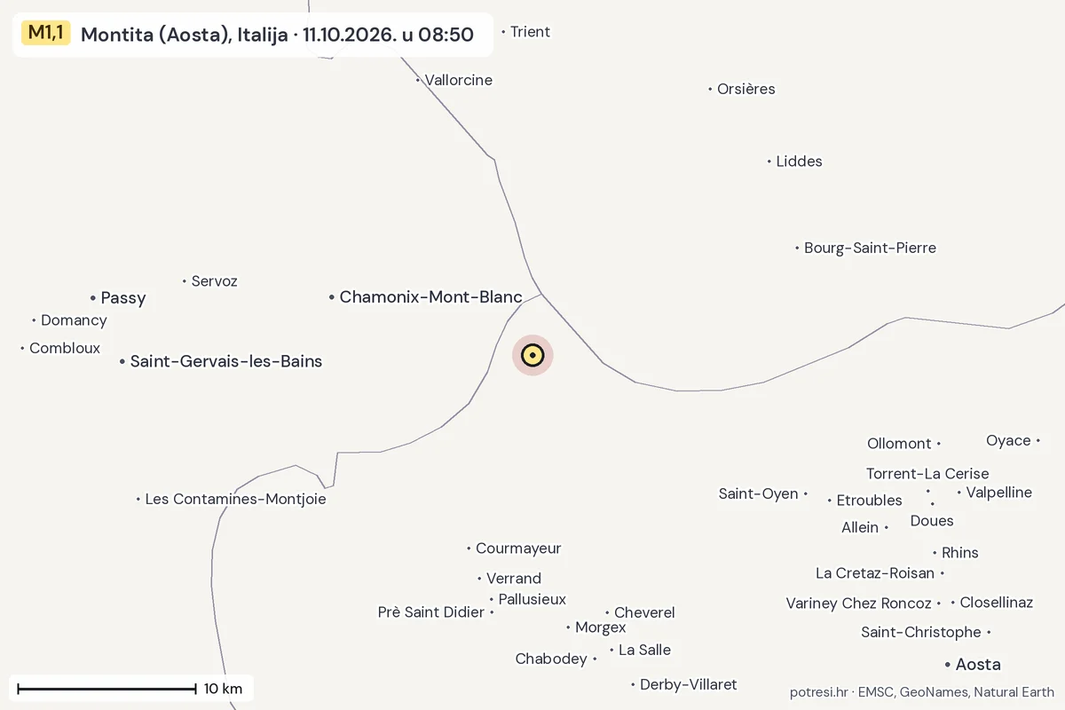 Karta: okolica epicentra, 60 km, potres M1,1, Montita (Aosta), Italija, 11.10.2026.