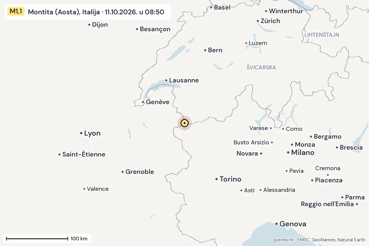 Karta: šire područje, 600 km, potres M1,1, Montita (Aosta), Italija, 11.10.2026.