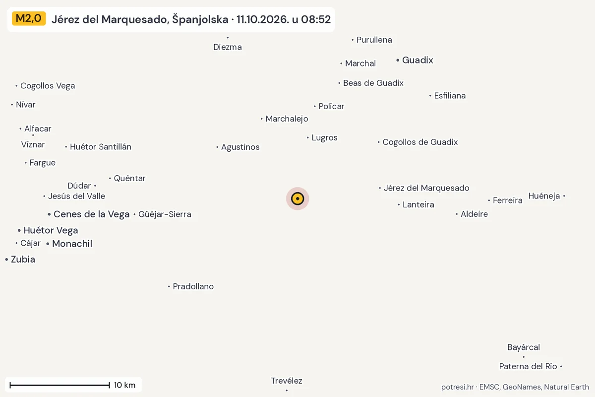 Karta: okolica epicentra, 60 km, potres M2,0, Jérez del Marquesado, Španjolska, 11.10.2026.