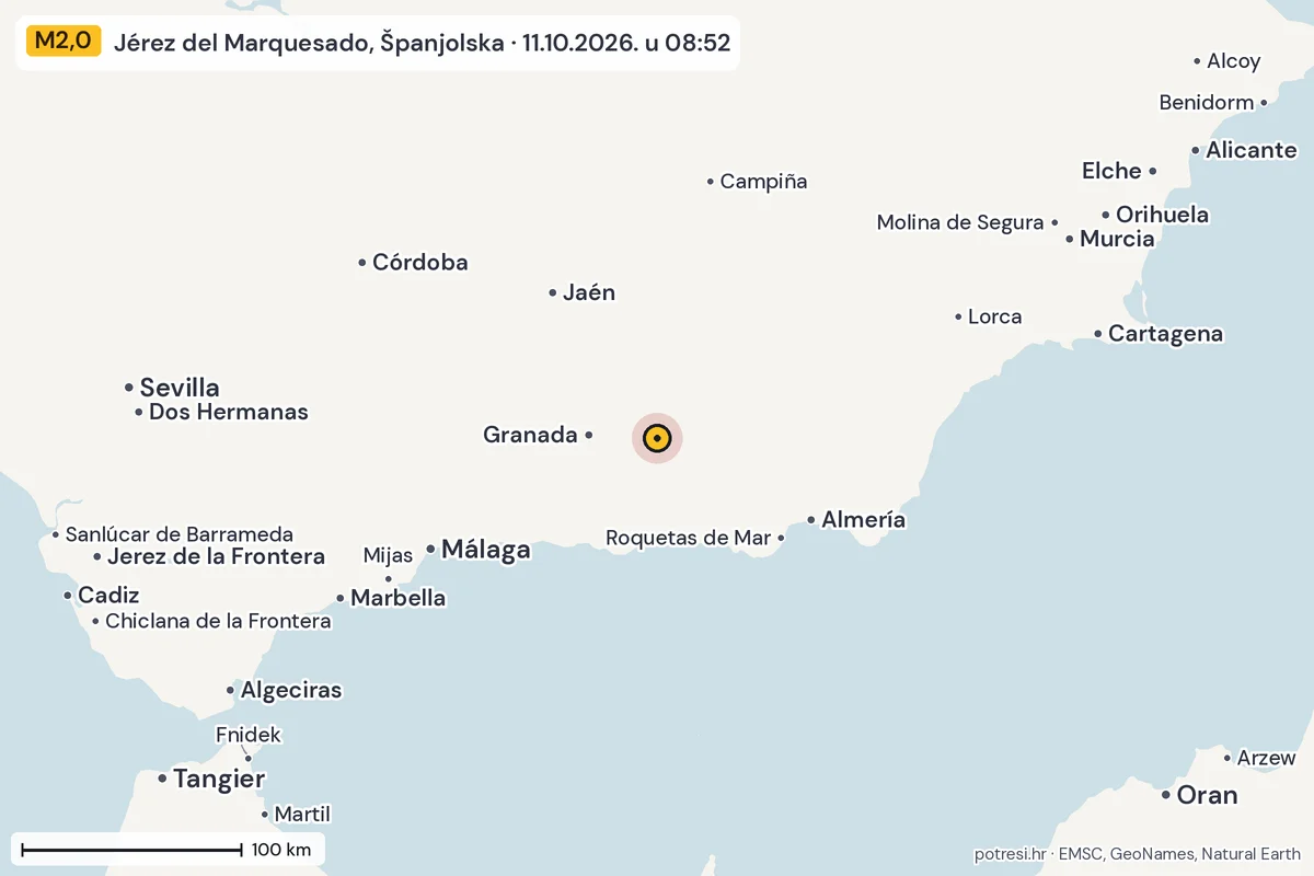 Karta: šire područje, 600 km, potres M2,0, Jérez del Marquesado, Španjolska, 11.10.2026.