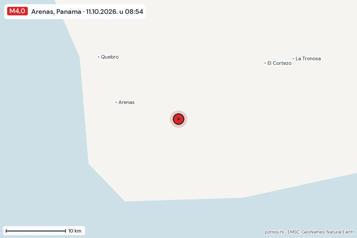 Karta: okolica epicentra, 60 km, potres M4,0, Arenas, Panama, 11.10.2026.