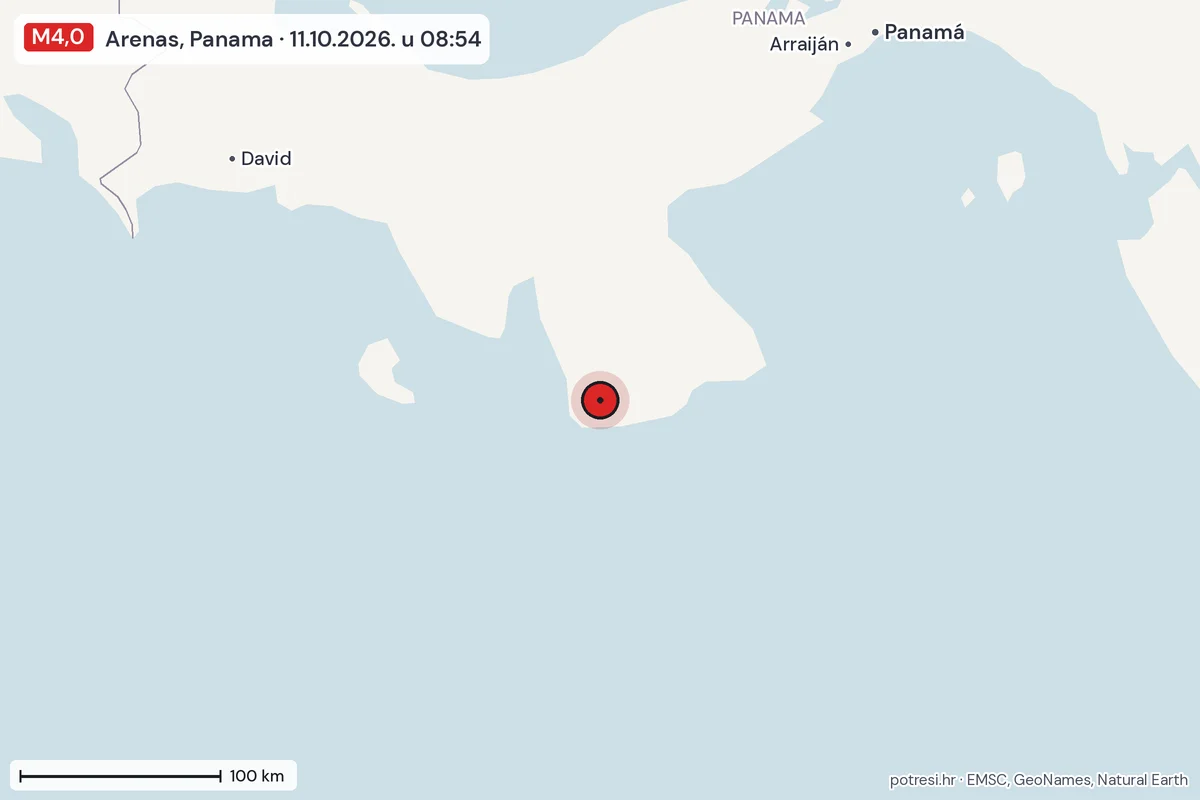 Karta: šire područje, 600 km, potres M4,0, Arenas, Panama, 11.10.2026.