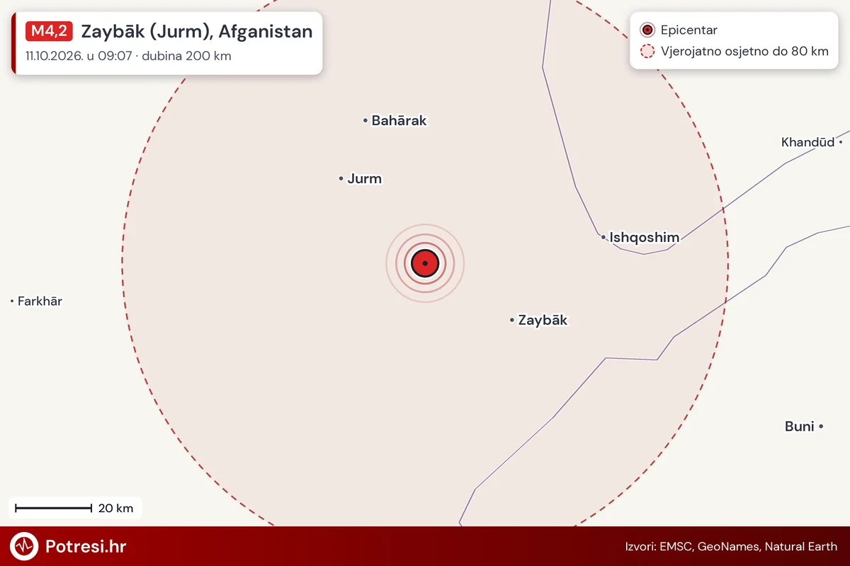 Karta: šire područje i vjerojatni doseg osjeta, potres M4,2, Zaybāk (Jurm), Afganistan, 11.10.2026.