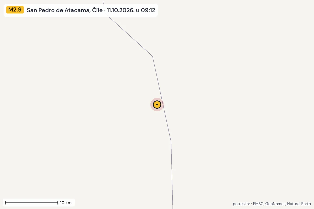 Karta: okolica epicentra, 60 km, potres M2,9, San Pedro de Atacama, Čile, 11.10.2026.