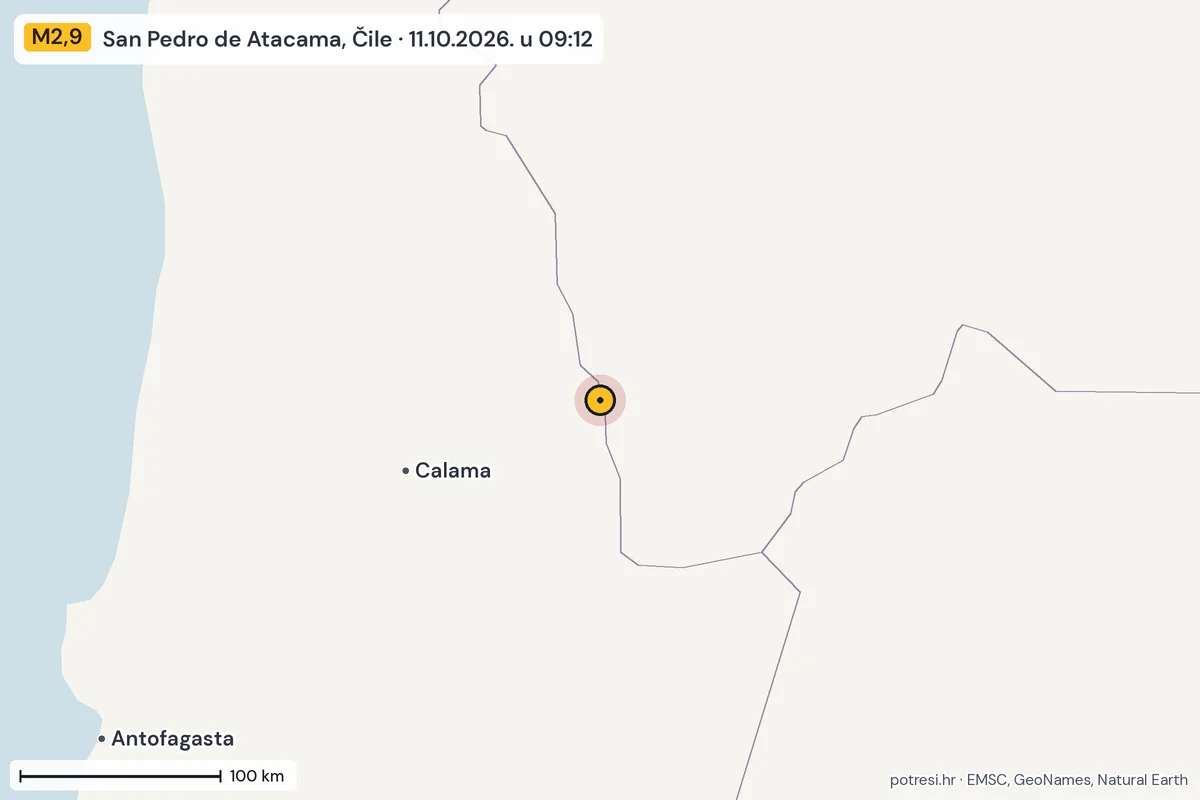 Karta: šire područje, 600 km, potres M2,9, San Pedro de Atacama, Čile, 11.10.2026.