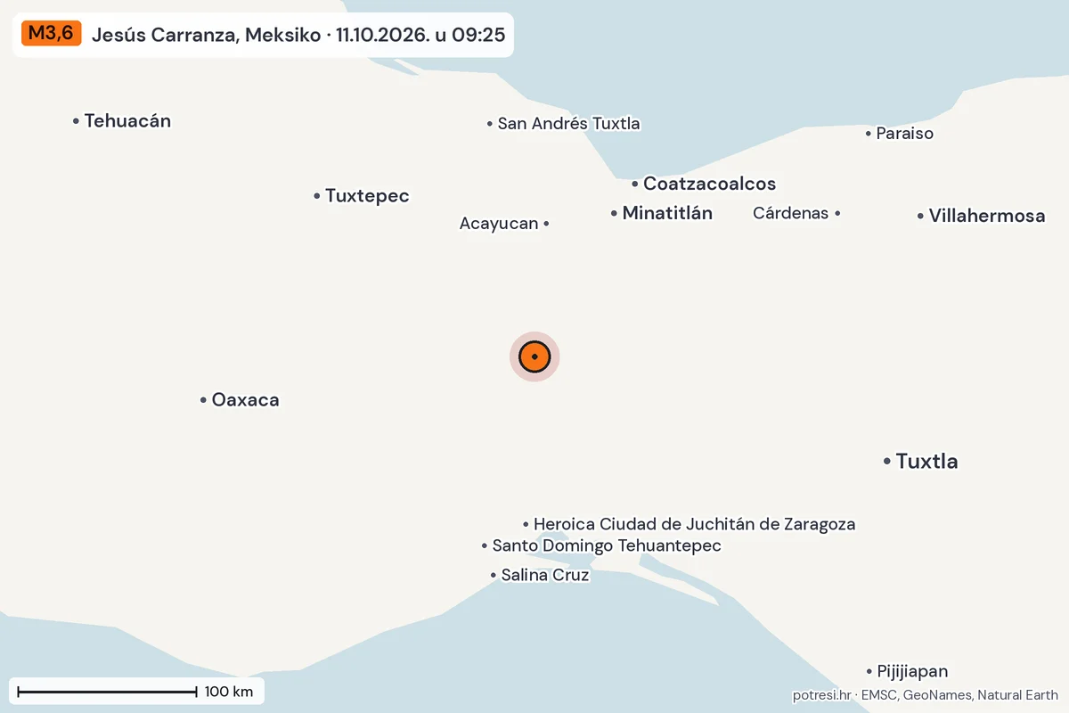 Karta: šire područje, 600 km, potres M3,6, Jesús Carranza, Meksiko, 11.10.2026.