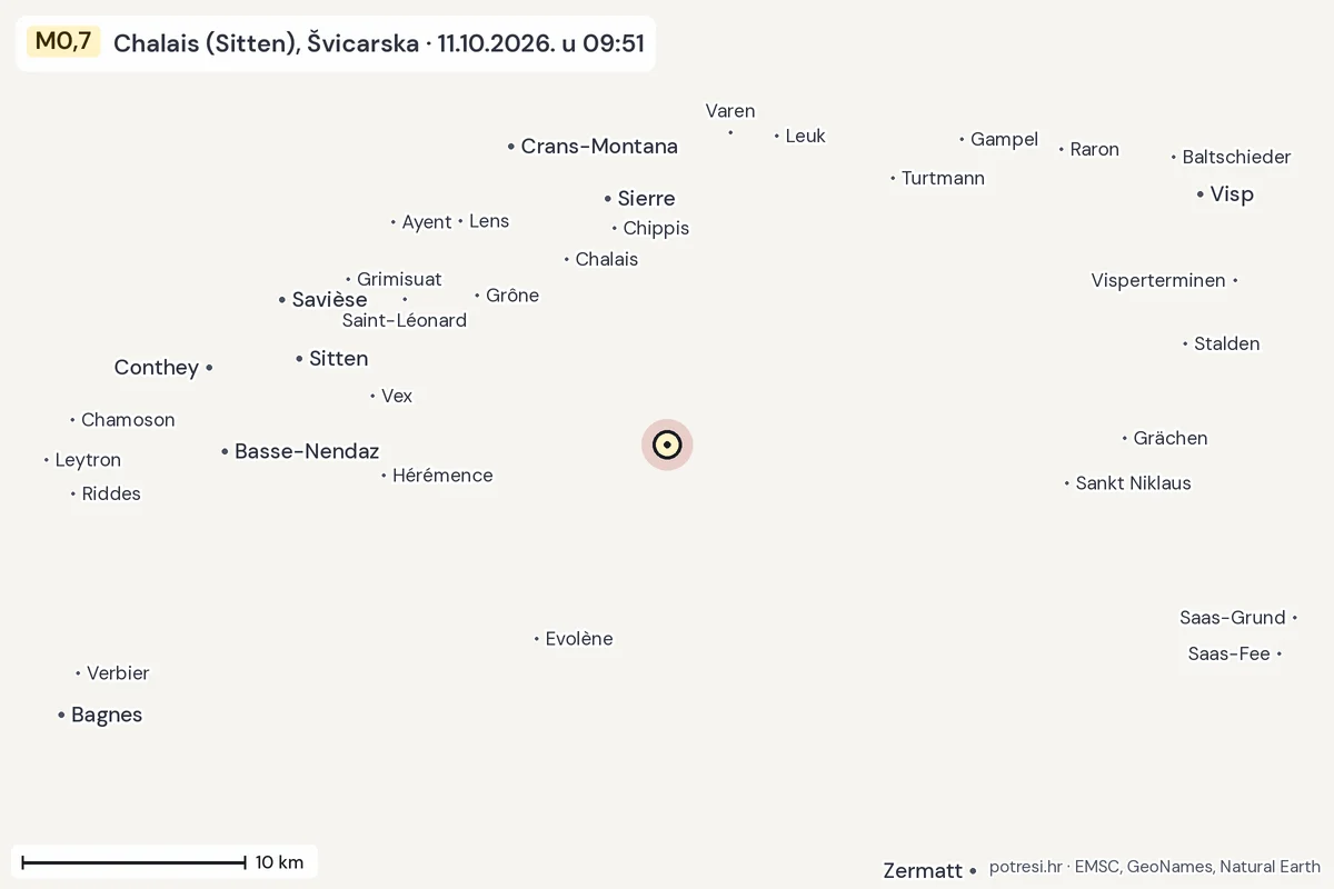 Karta: okolica epicentra, 60 km, potres M0,7, Chalais (Sitten), Švicarska, 11.10.2026.