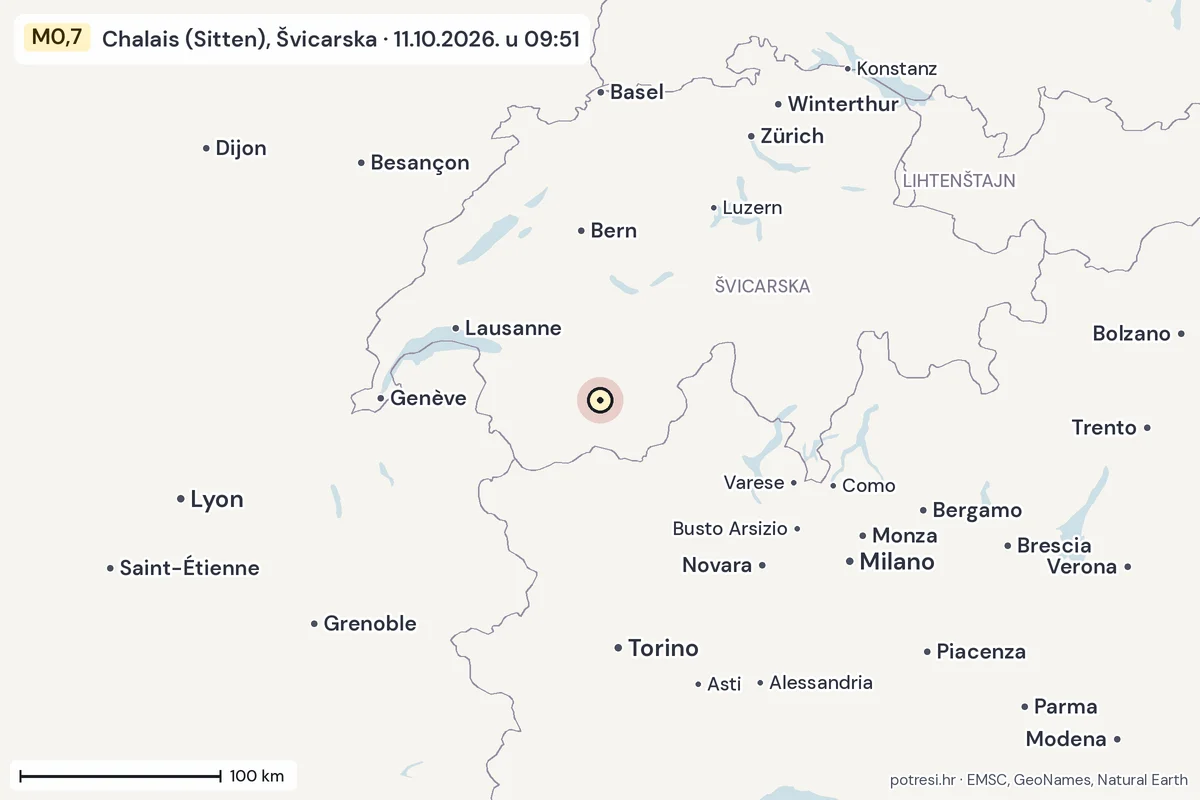 Karta: šire područje, 600 km, potres M0,7, Chalais (Sitten), Švicarska, 11.10.2026.