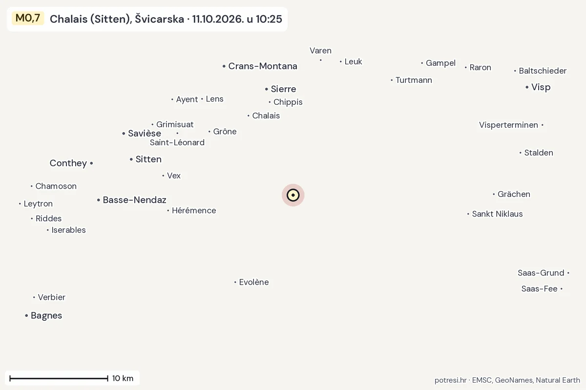 Karta: okolica epicentra, 60 km, potres M0,7, Chalais (Sitten), Švicarska, 11.10.2026.