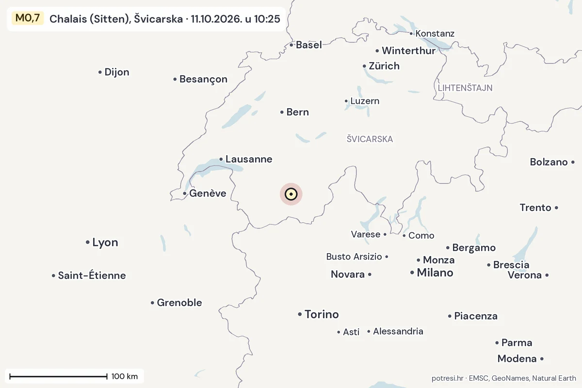 Karta: šire područje, 600 km, potres M0,7, Chalais (Sitten), Švicarska, 11.10.2026.