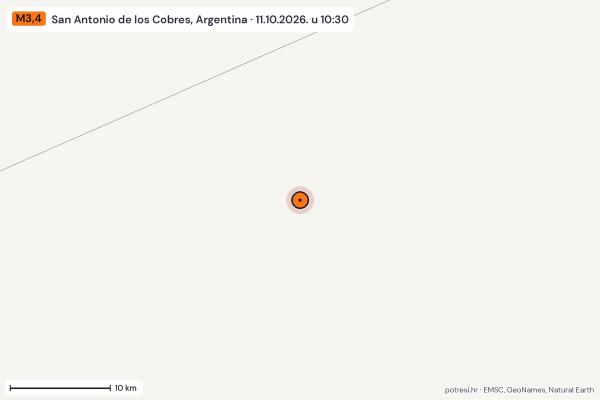 Karta: okolica epicentra, 60 km, potres M3,4, San Antonio de los Cobres, Argentina, 11.10.2026.