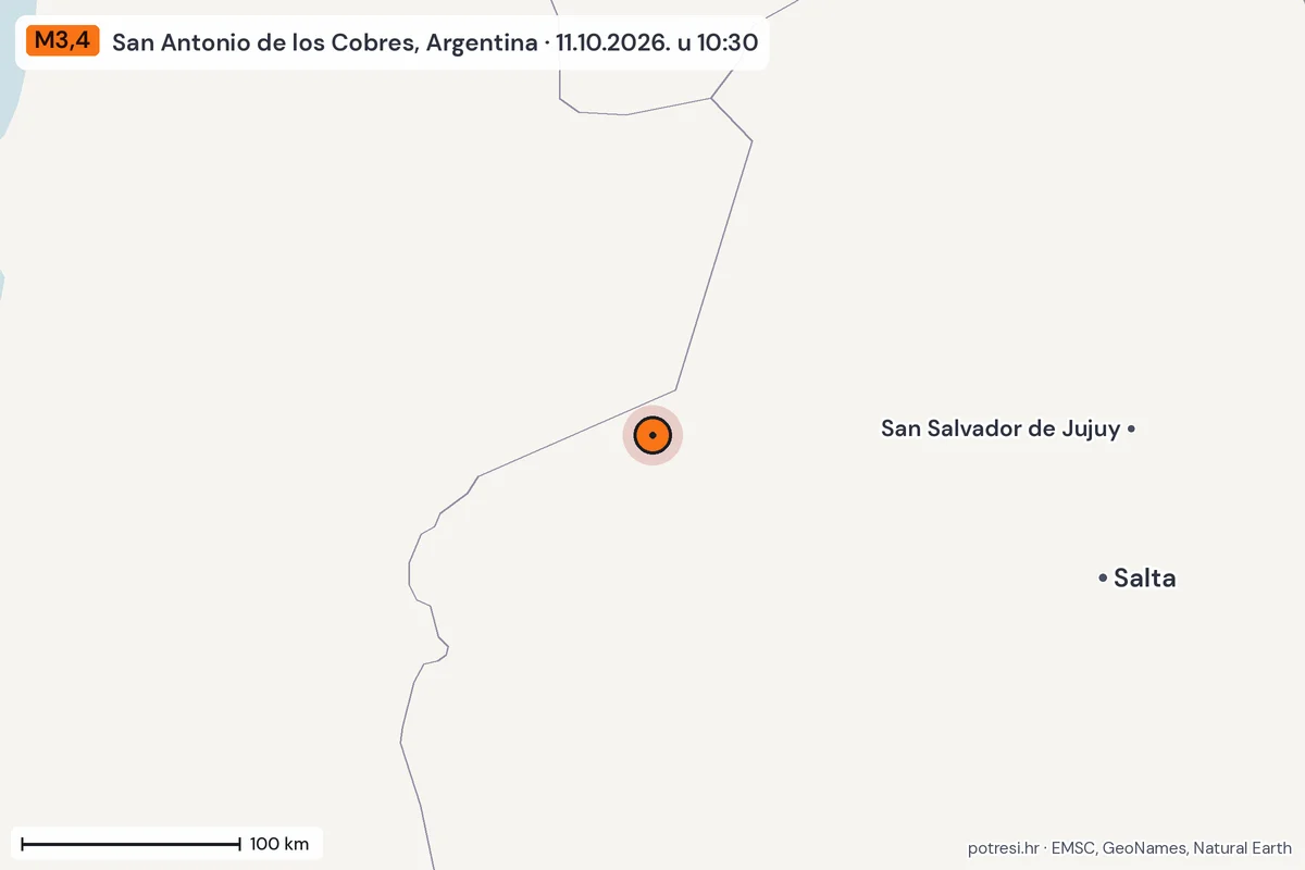 Karta: šire područje, 600 km, potres M3,4, San Antonio de los Cobres, Argentina, 11.10.2026.