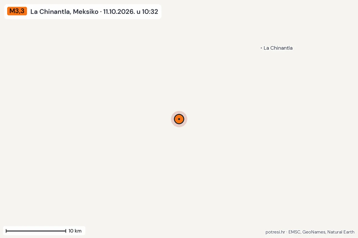 Karta: okolica epicentra, 60 km, potres M3,3, La Chinantla, Meksiko, 11.10.2026.