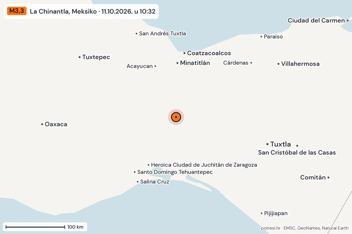 Karta: šire područje, 600 km, potres M3,3, La Chinantla, Meksiko, 11.10.2026.