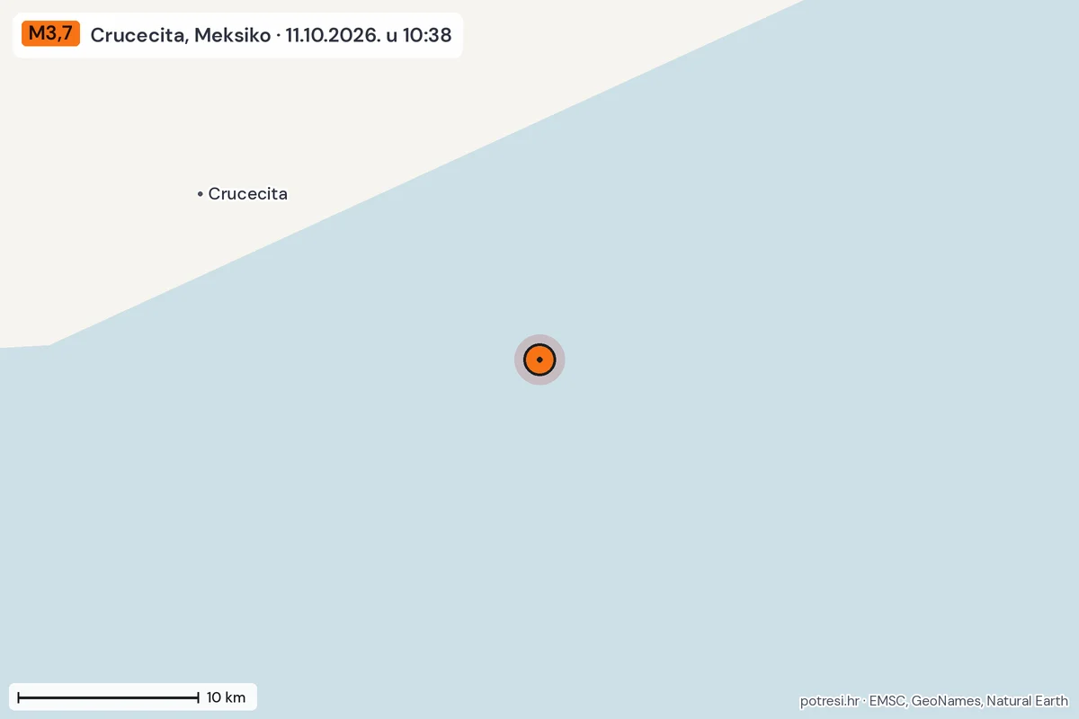Karta: okolica epicentra, 60 km, potres M3,7, Crucecita, Meksiko, 11.10.2026.
