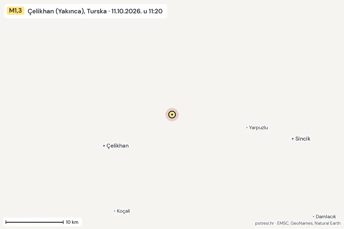 Karta: okolica epicentra, 60 km, potres M1,3, Çelikhan (Yakınca), Turska, 11.10.2026.