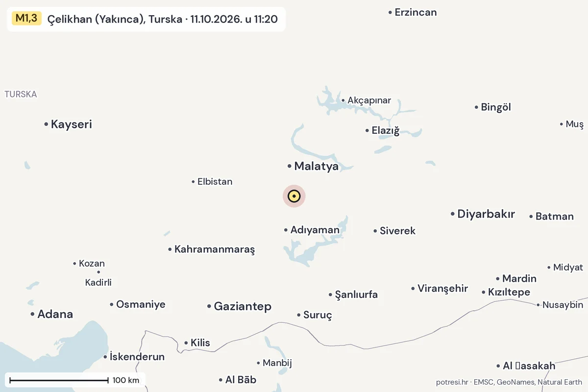 Karta: šire područje, 600 km, potres M1,3, Çelikhan (Yakınca), Turska, 11.10.2026.