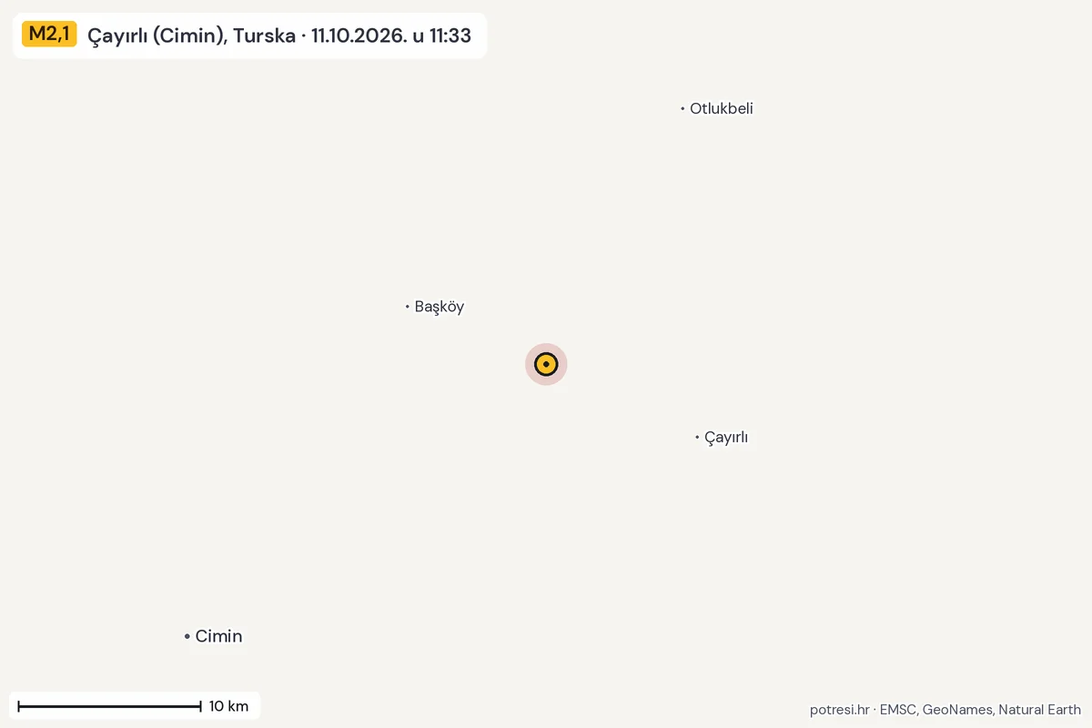 Karta: okolica epicentra, 60 km, potres M2,1, Çayırlı (Cimin), Turska, 11.10.2026.