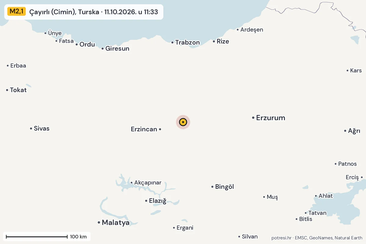 Karta: šire područje, 600 km, potres M2,1, Çayırlı (Cimin), Turska, 11.10.2026.