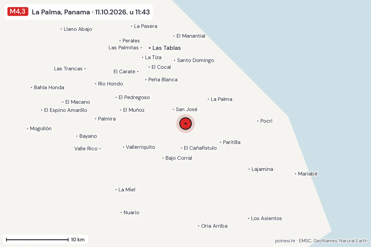 Karta: okolica epicentra, 60 km, potres M4,3, La Palma, Panama, 11.10.2026.