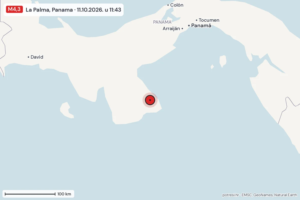 Karta: šire područje, 600 km, potres M4,3, La Palma, Panama, 11.10.2026.