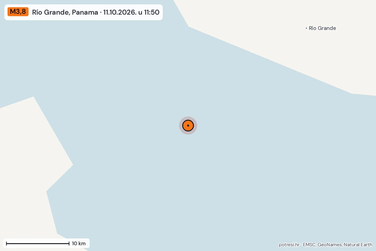 Karta: okolica epicentra, 60 km, potres M3,8, Río Grande, Panama, 11.10.2026.