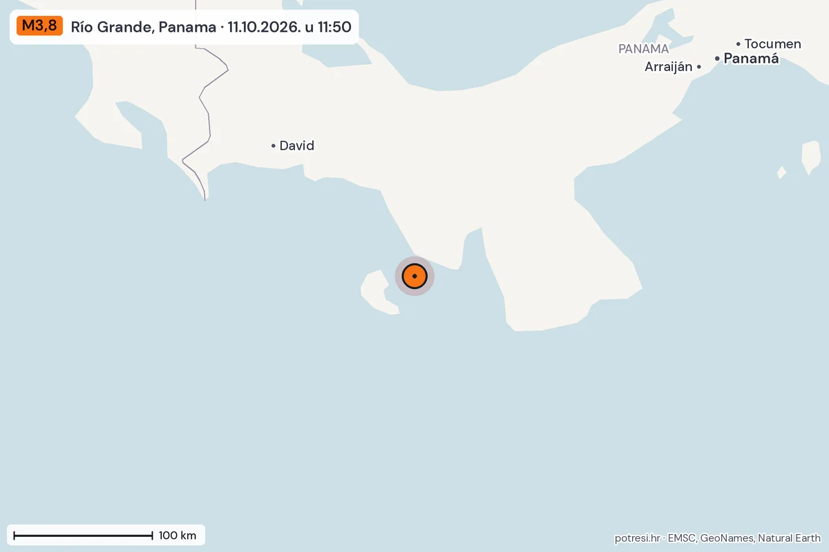 Karta: šire područje, 600 km, potres M3,8, Río Grande, Panama, 11.10.2026.