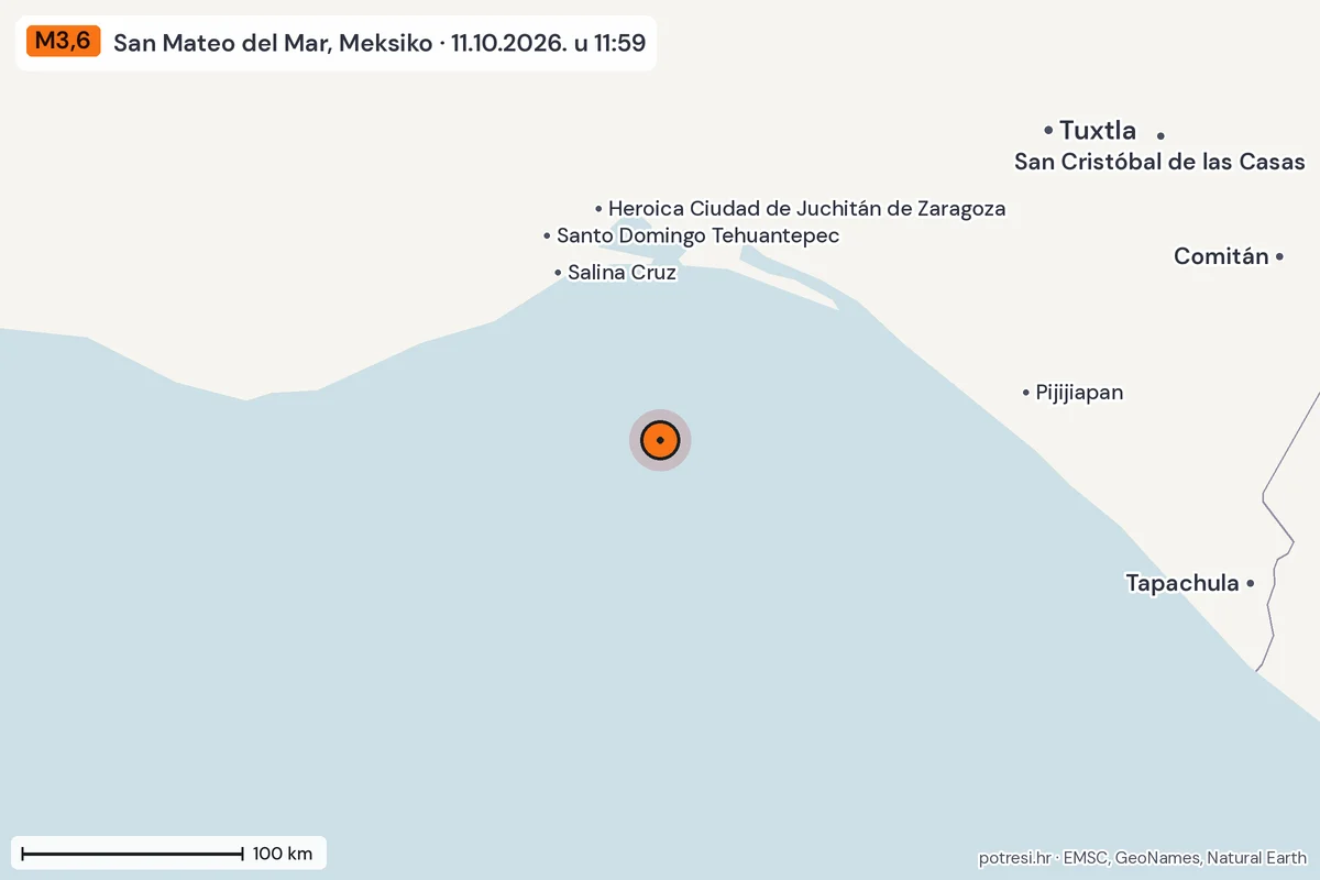 Karta: šire područje, 600 km, potres M3,6, San Mateo del Mar, Meksiko, 11.10.2026.