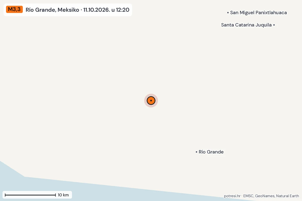 Karta: okolica epicentra, 60 km, potres M3,3, Río Grande, Meksiko, 11.10.2026.