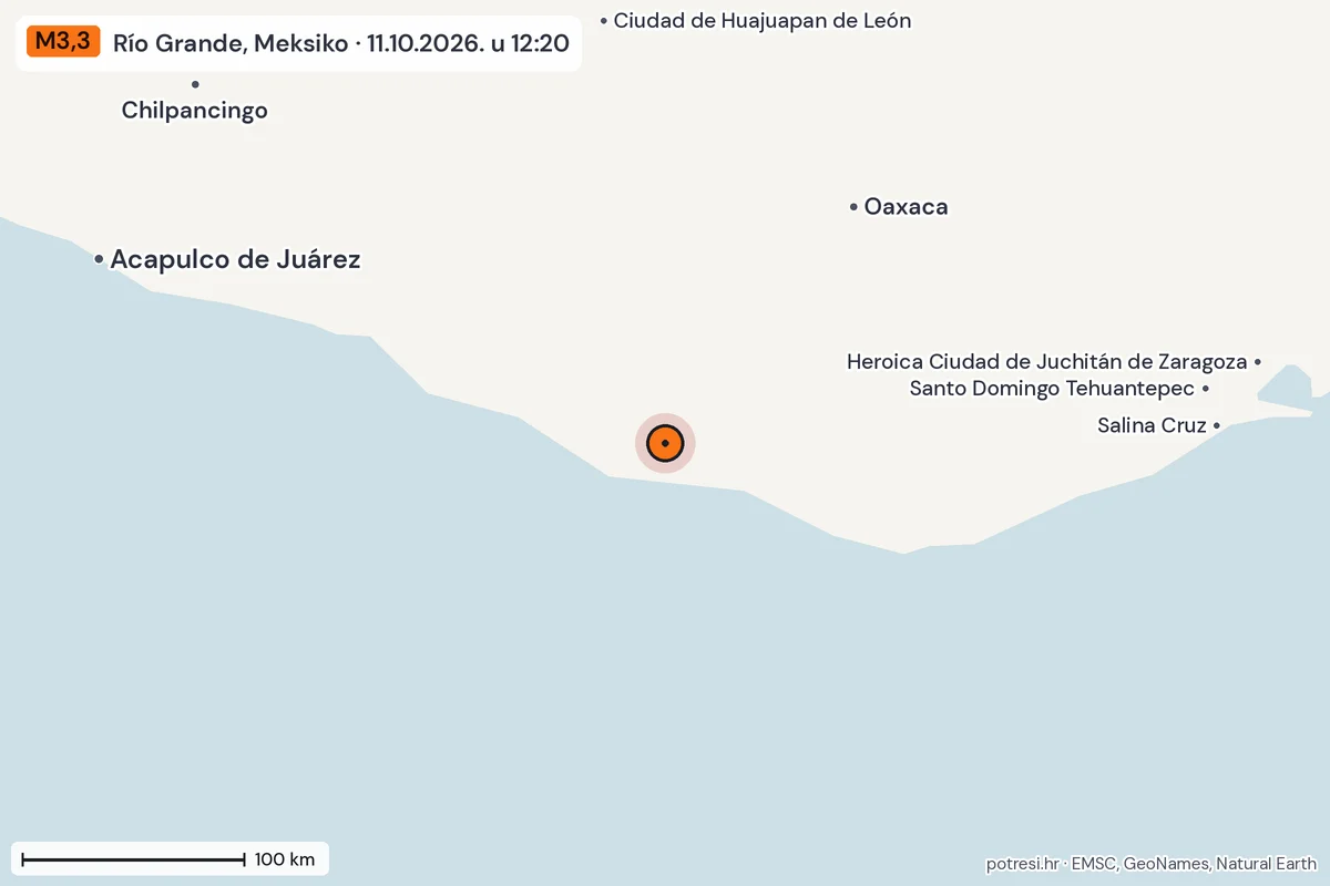 Karta: šire područje, 600 km, potres M3,3, Río Grande, Meksiko, 11.10.2026.