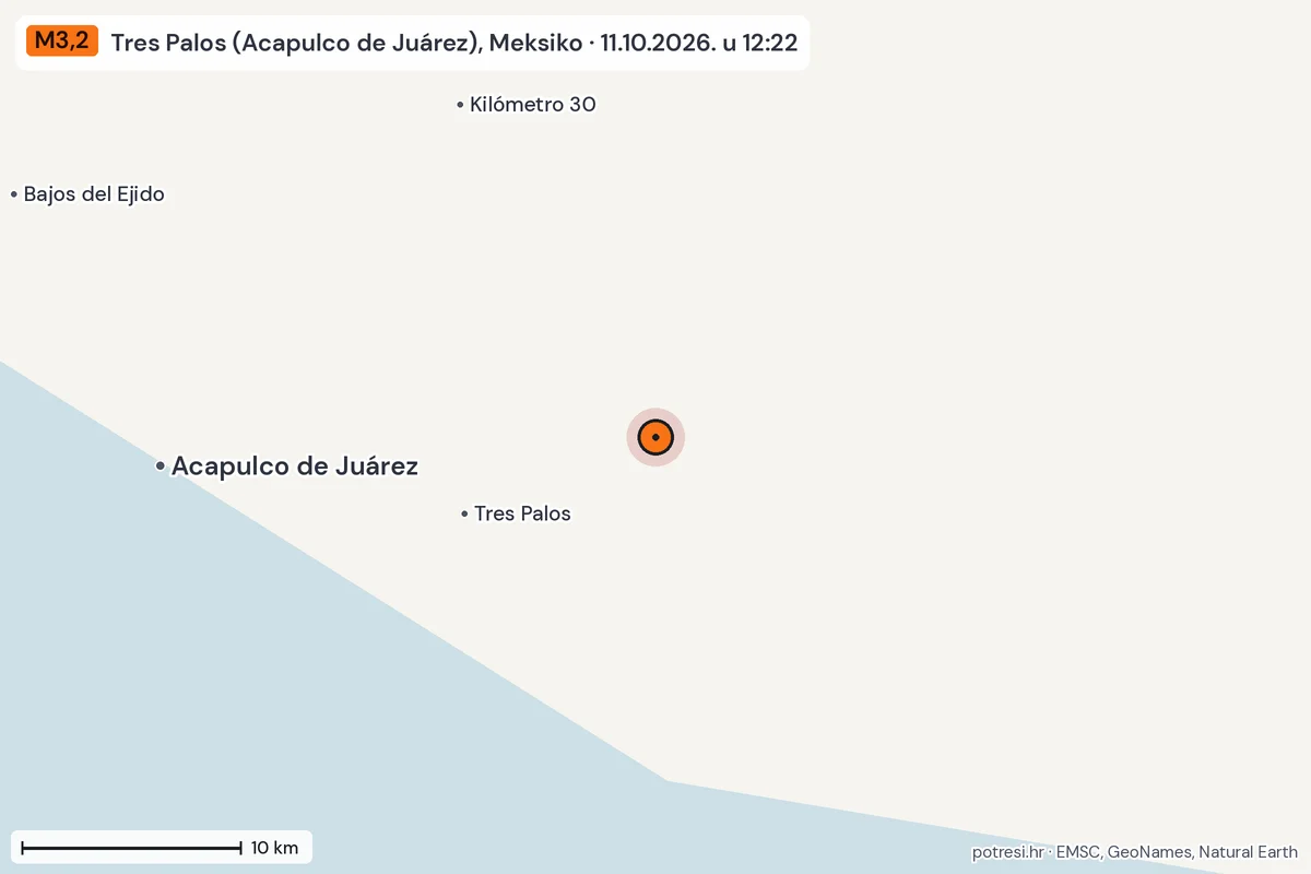 Karta: okolica epicentra, 60 km, potres M3,2, Tres Palos (Acapulco de Juárez), Meksiko, 11.10.2026.